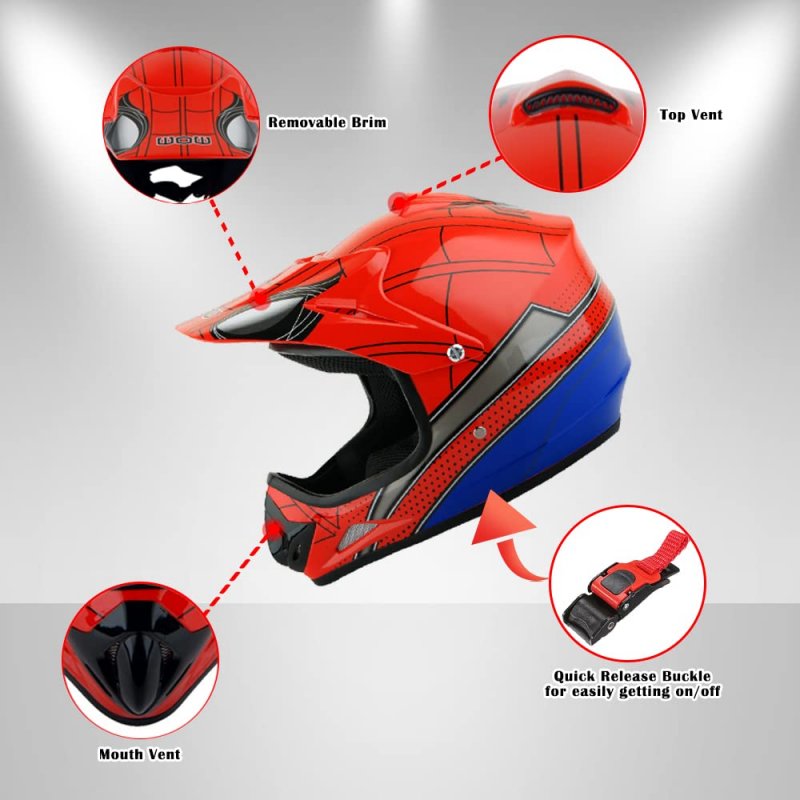 Wow Youth Motocross Helmet Bmx Mx Atv Dirt Bike Spider Web Black Goggles Martian Glove Bundle