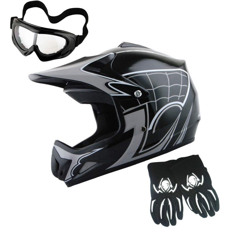 Wow Youth Motocross Helmet Bmx Mx Atv Dirt Bike Spider Web Black Goggles Martian Glove Bundle