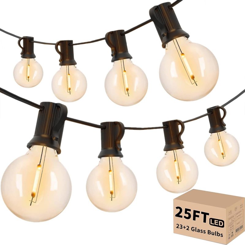 Outdoor Globe String Lights 25ft Led Patio With 23 E12 Sockets And 25 G40 Glass Bulbs Waterproof Warm White Dimmable For Cafe