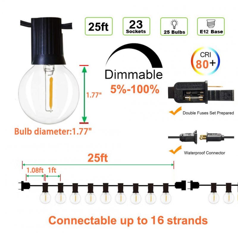 Outdoor Globe String Lights 25ft Led Patio With 23 E12 Sockets And 25 G40 Glass Bulbs Waterproof Warm White Dimmable For Cafe