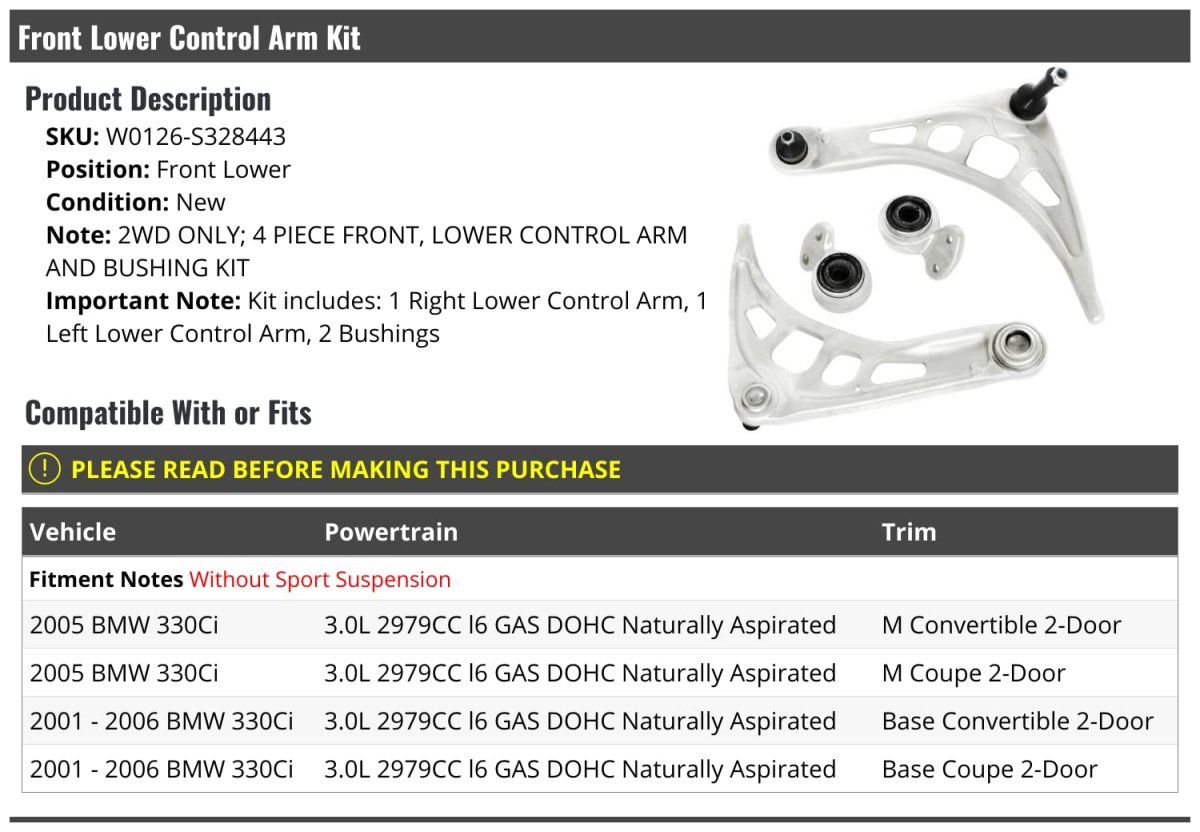 Front Lower Control Arm And Bushing Kit 4 Piece For 2001-2006 Bmw 330ci