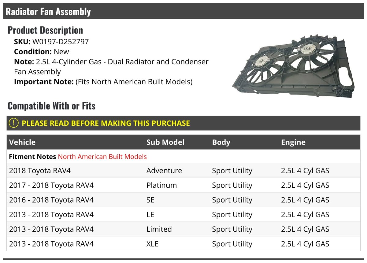 Dual Radiator And Condenser Fan Assembly For 2013-2018 Toyota Rav4 Sport Utility 2 5l 4-cylinder Gas For North American Built