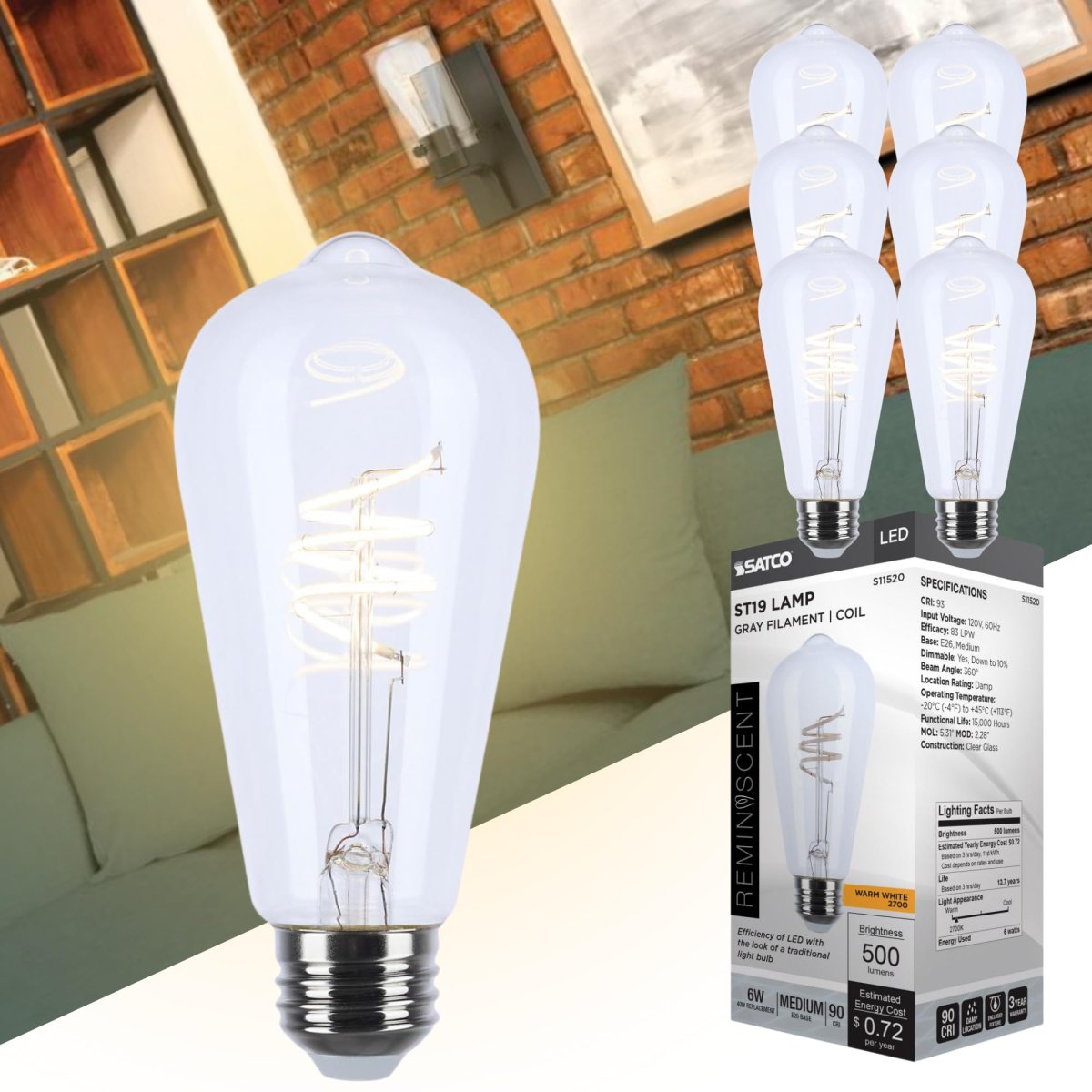 Satco S11520 Led Bulb St19 6w 40w Eq 2700k Warm White Flex Gray Coil Filament Medium Base E26 Dimmable 500 Lumens Clear Glass