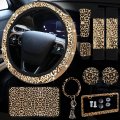 Tallew 10 Pieces Leopard Print Car Accessories Set Diamond Cheetah Steering Wheel Cover Seat Belt Licence Frame Armrest Pad Cup 