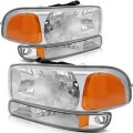 Headlight Assembly Pair For Gmc Sierra 1500 1999 To 2006 Chrome Housing Amber Reflector Clear Lens Replaces 15850352 Gm2502188 