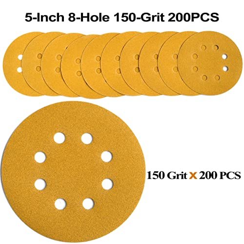 5 In 8 Hole Hook And Loop Sanding Discs 150 Grit Random Orbital Sandpaper Aluminum Oxide 200 Pack