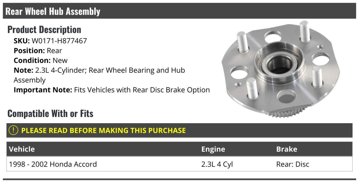 Rear Wheel Bearing Hub Assembly For 1998 2002 Honda Accord 2 3l 4 Cylinder With Disc Brake Option W0171-h877467