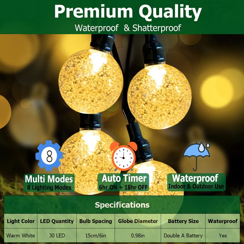 Battery Operated Globe String Lights 16ft Waterproof 30 Led Outdoor With Timer And 8 Modes For Garden Patio Wedding Party Warm