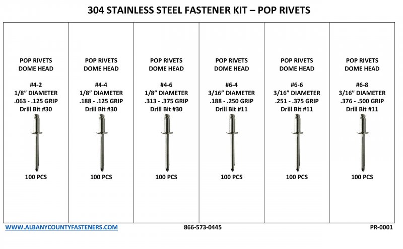 Stainless Steel Domed Pop Rivet Fastener Assortment Kit 601 Piece 304 Grade 4 To 6