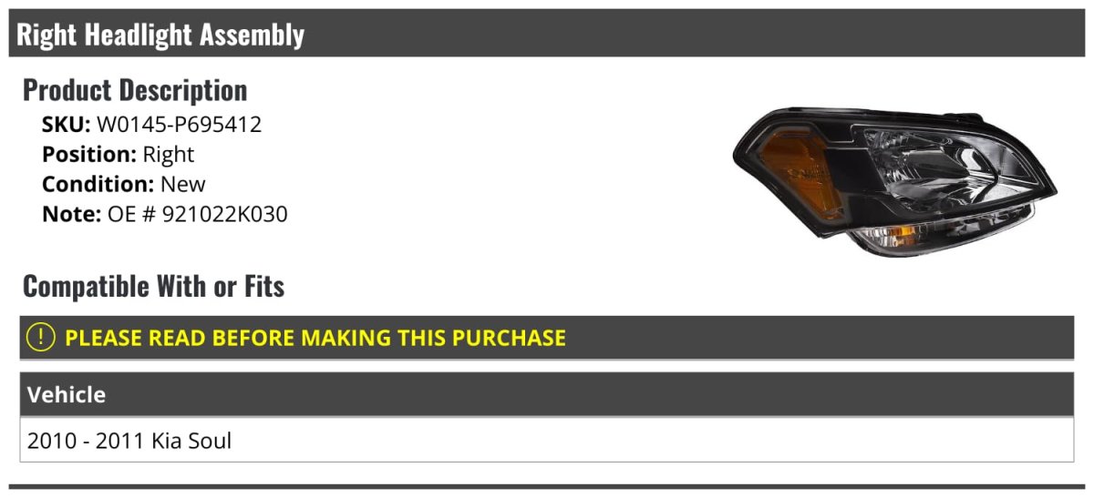 Right Passenger Side Headlight Assembly For 2010-2011 Kia Soul