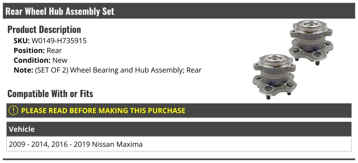 Rear Wheel Bearing Hub Assembly Set Of 2 For 2009-2014 2016-2019 Nissan Maxima