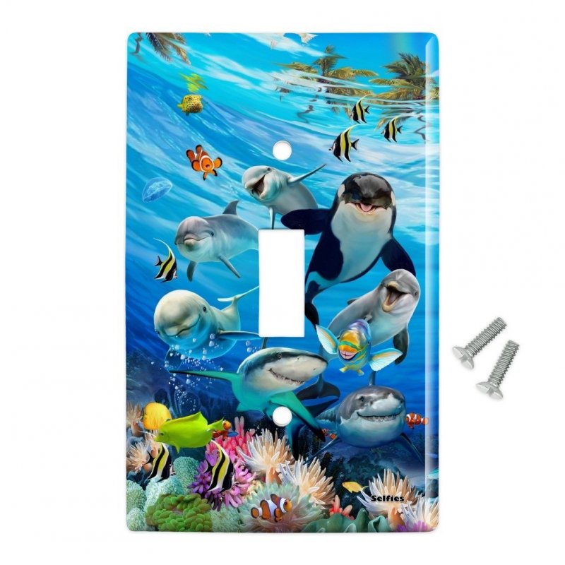 Underwater Ocean Selfie Orca Shark Dolphin Sea Turtle Coral Plastic Wall Decor Toggle Light Switch Plate Cover