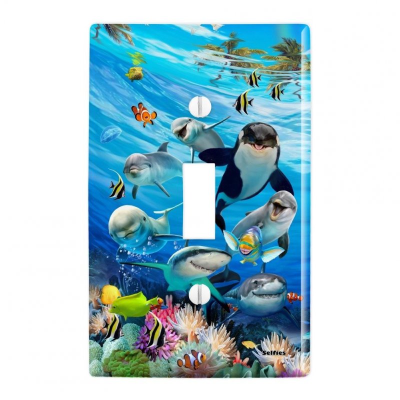 Underwater Ocean Selfie Orca Shark Dolphin Sea Turtle Coral Plastic Wall Decor Toggle Light Switch Plate Cover