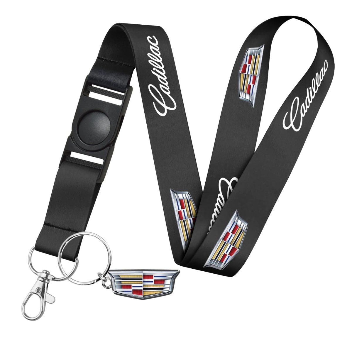Cadillac Crest Logo Die Cut Metal Key Chain With Black Lanyard Strap Officially Licensed Charm 21 In X 1 0 2