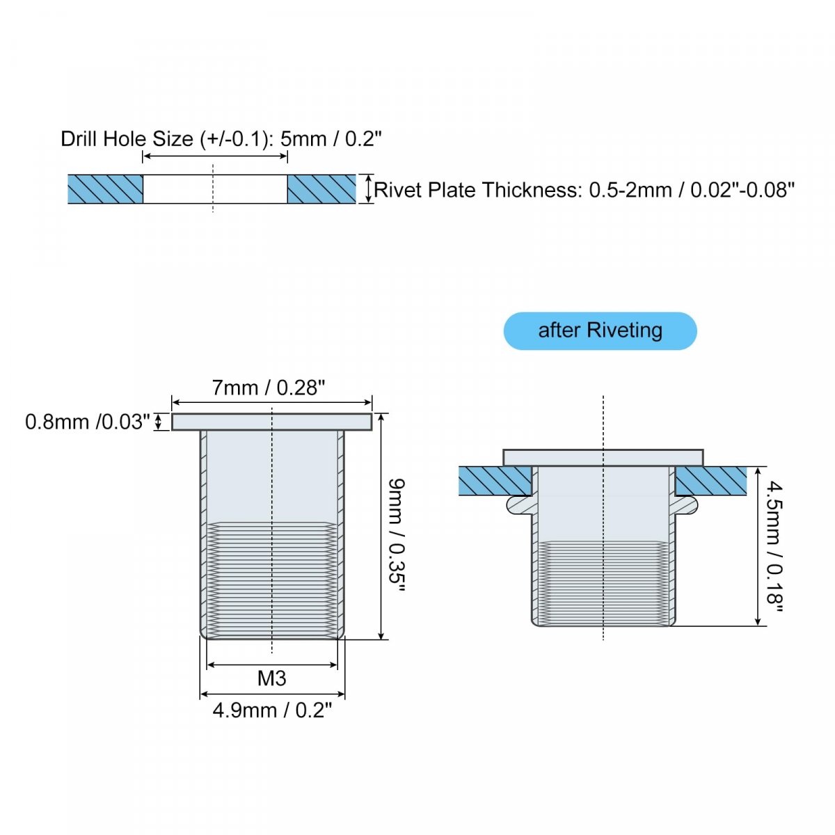 M3 Rivet Nuts 120pcs Zinc Plated Carbon Steel Knurled Flat Head Threaded Insert For Metal Plastic