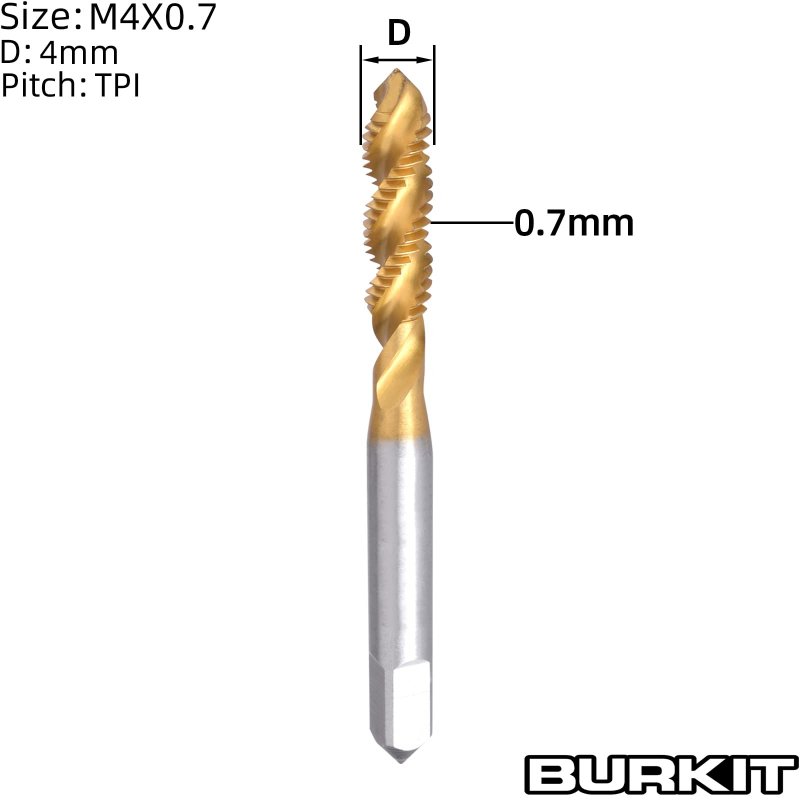 Burkit 2pcs M4 X 0 7 Spiral Flute Tap Hss Titanium Coated Plug Threading