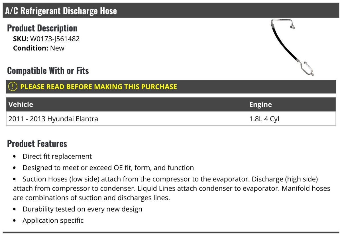 A C Discharge Hose For 2011-2013 Hyundai Elantra 1 8l 4-cylinder