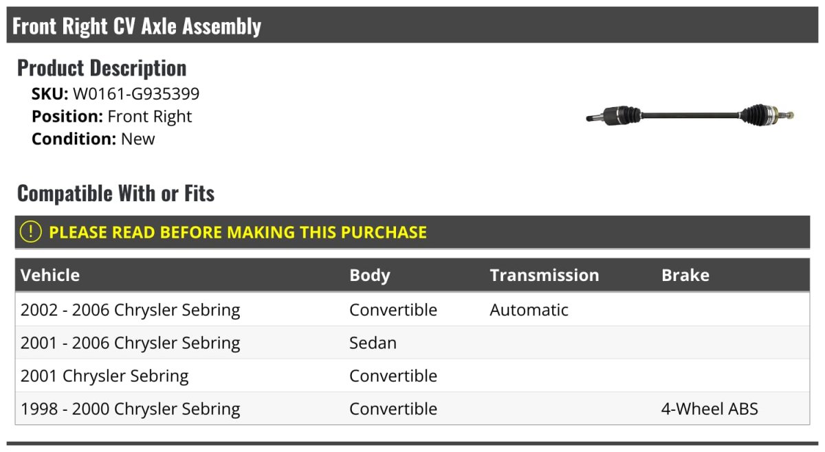 Front Right Passenger Side Cv Axle Assembly For 1998-2006 Chrysler Sebring