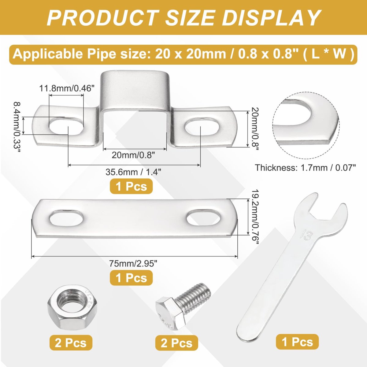 U Shape Square Tube Clamp 20x20mm Shaped Bracket 304 Stainless Steel Strap With Bolt Plate Nuts And Wrench For Pipes Door