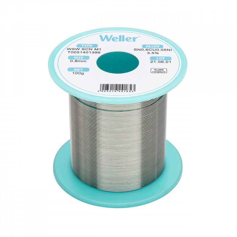 Wsw Scn M1 T0051401399 Lead Free Solder Wire 0 8mm Diameter Sn99 3cu0 6ni0 05 Alloy With 3 5 Percent Flux Content 100g Reel