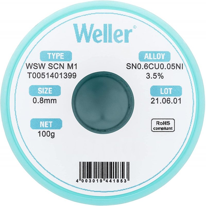 Wsw Scn M1 T0051401399 Lead Free Solder Wire 0 8mm Diameter Sn99 3cu0 6ni0 05 Alloy With 3 5 Percent Flux Content 100g Reel