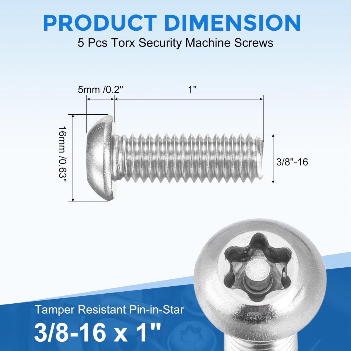 5pcs Torx Security Machine Screws 3 8-16 X 1 304 Stainless Steel Tamper Resistant Button Head Bolt Full Thread For Anti-theft