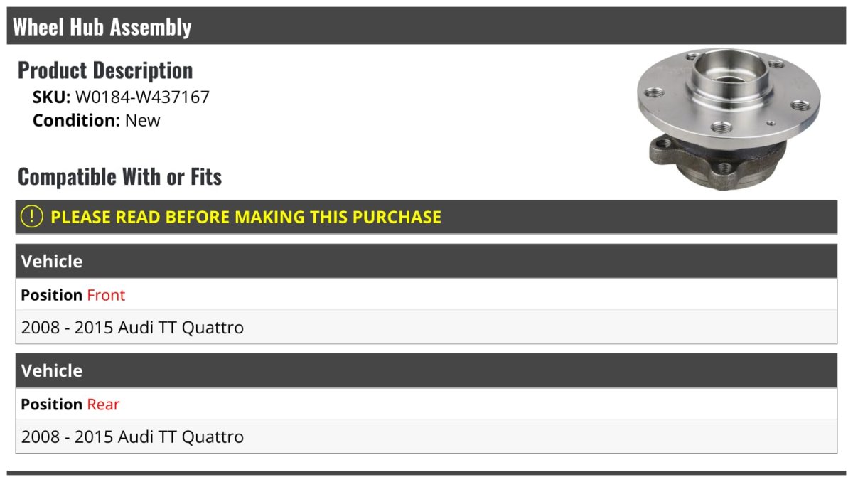 Wheel Bearing Hub Assembly Front Or Rear For 2008-2015 Audi Tt Quattro