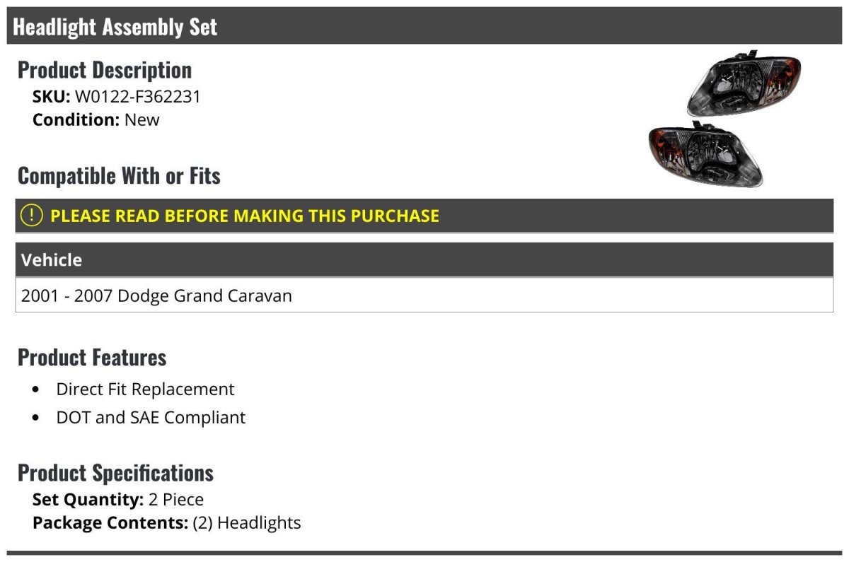 Headlight Assembly Set Of 2 For 2001 To 2007 Dodge Grand Caravan Direct Fit Replacement Dot And Sae Compliant Waterproof Amber