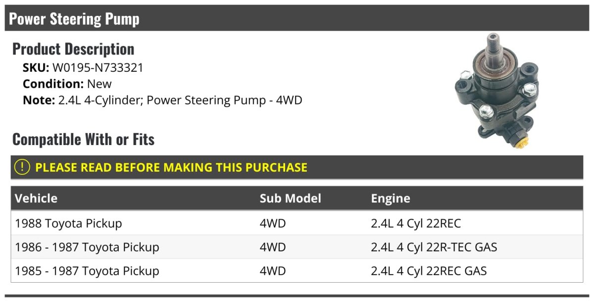 Power Steering Pump For 1985-1988 Toyota Pickup 4wd 2 4l 4-cylinder