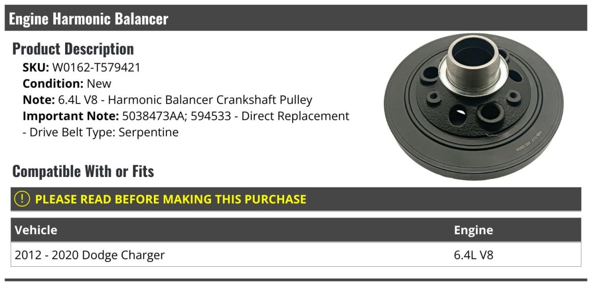 Engine Harmonic Balancer Crankshaft Pulley For 2012-2020 Dodge Charger 6 4l V8
