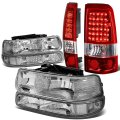 Compatible With Chevy Silverado Gmt800 4pc Pair Of Chrome Clear Corner Headlight Red Lens Led Tail Light