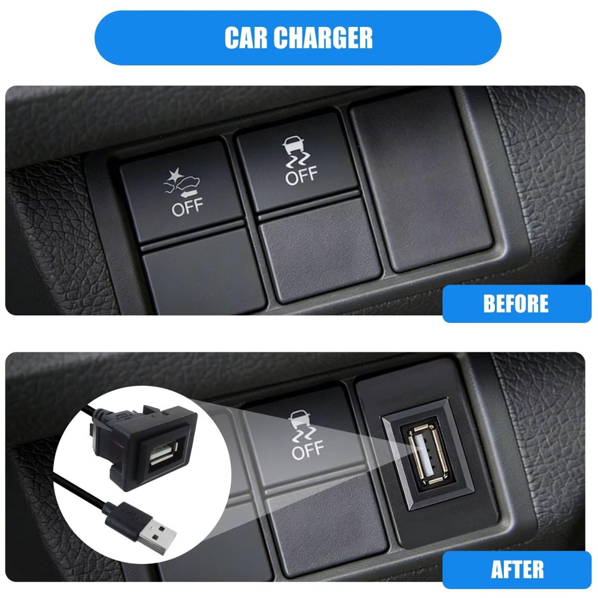 Car Dash Usb Port Charger For Toyota Prado 2012 2019 Male To Female Power Socket Adapter Ios And Android Black 34 X 23 Mm