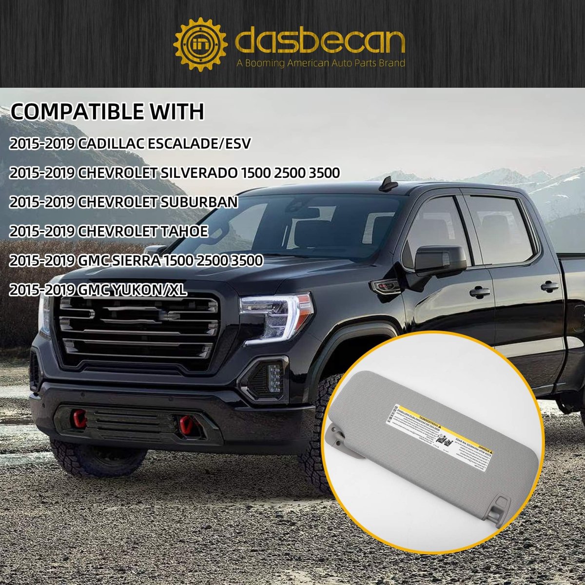 Dasbecan Left Driver Side Sun Visor For 2015-2019 Cadillac Escalade Chevrolet Silverado Suburban Tahoe Gmc Sierra Yukon