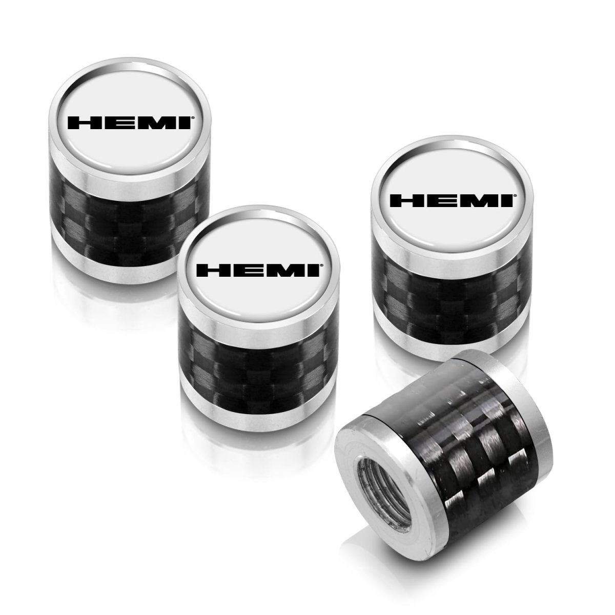 Hemi Logo Tire Valve Stem Caps White On Real Carbon Fiber Barrel And Silver Aluminum Set Of 4 Universal Fit For Car Suv Truck