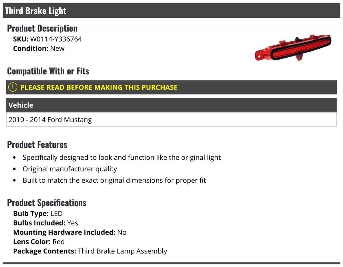 3rd Third Brake Light Led Type For 2010-2014 Ford Mustang