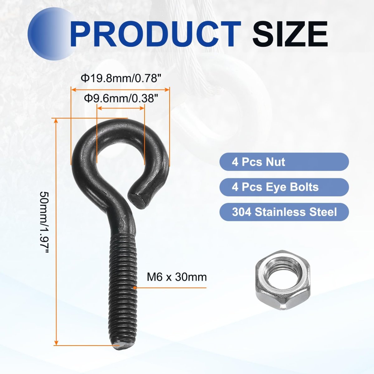 4 Pack Eye Bolts M6 X 30mm 304 Stainless Steel Threadedbolt Black Eye Hooks With Nut For Hanging Or Securing Cables