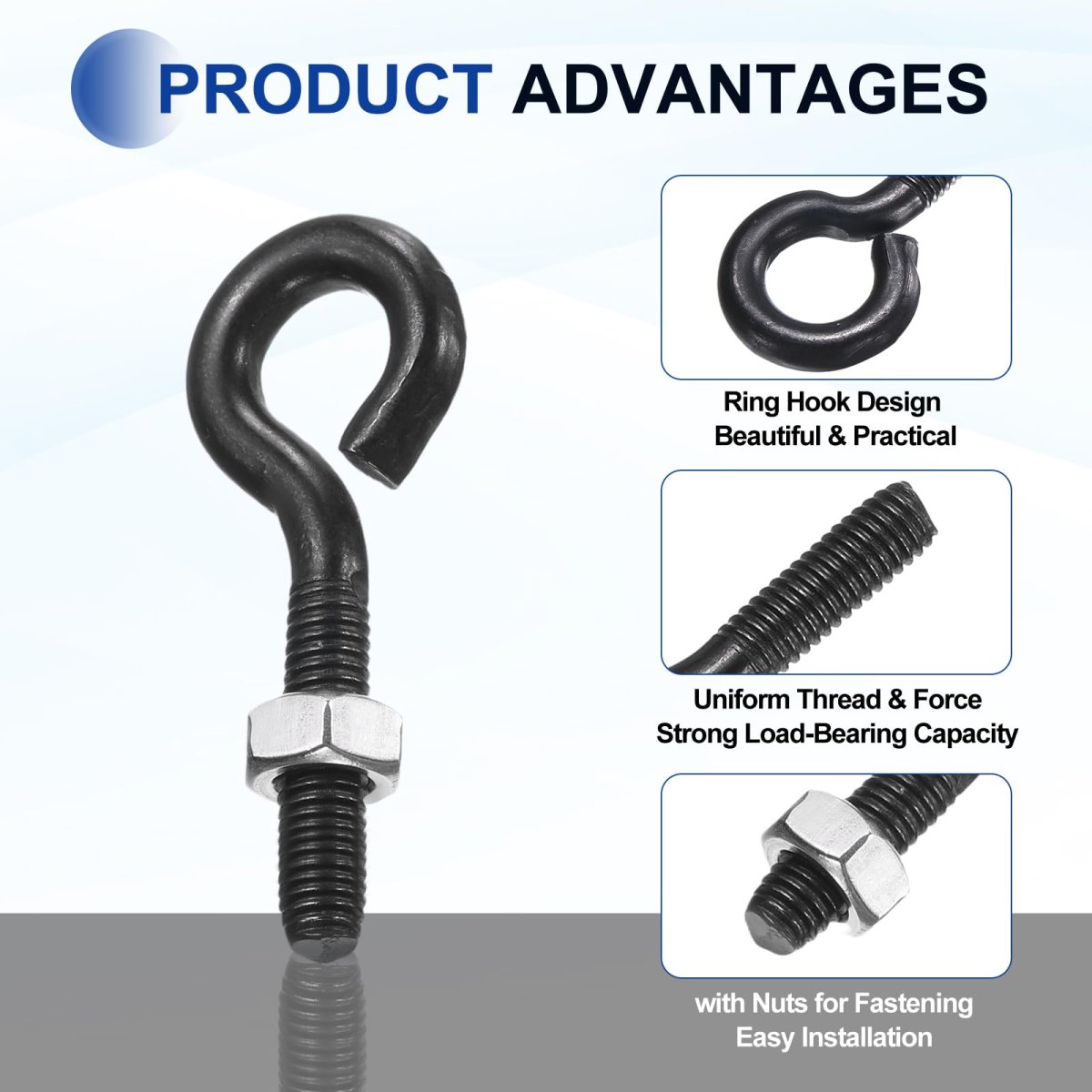 4 Pack Eye Bolts M6 X 30mm 304 Stainless Steel Threadedbolt Black Eye Hooks With Nut For Hanging Or Securing Cables