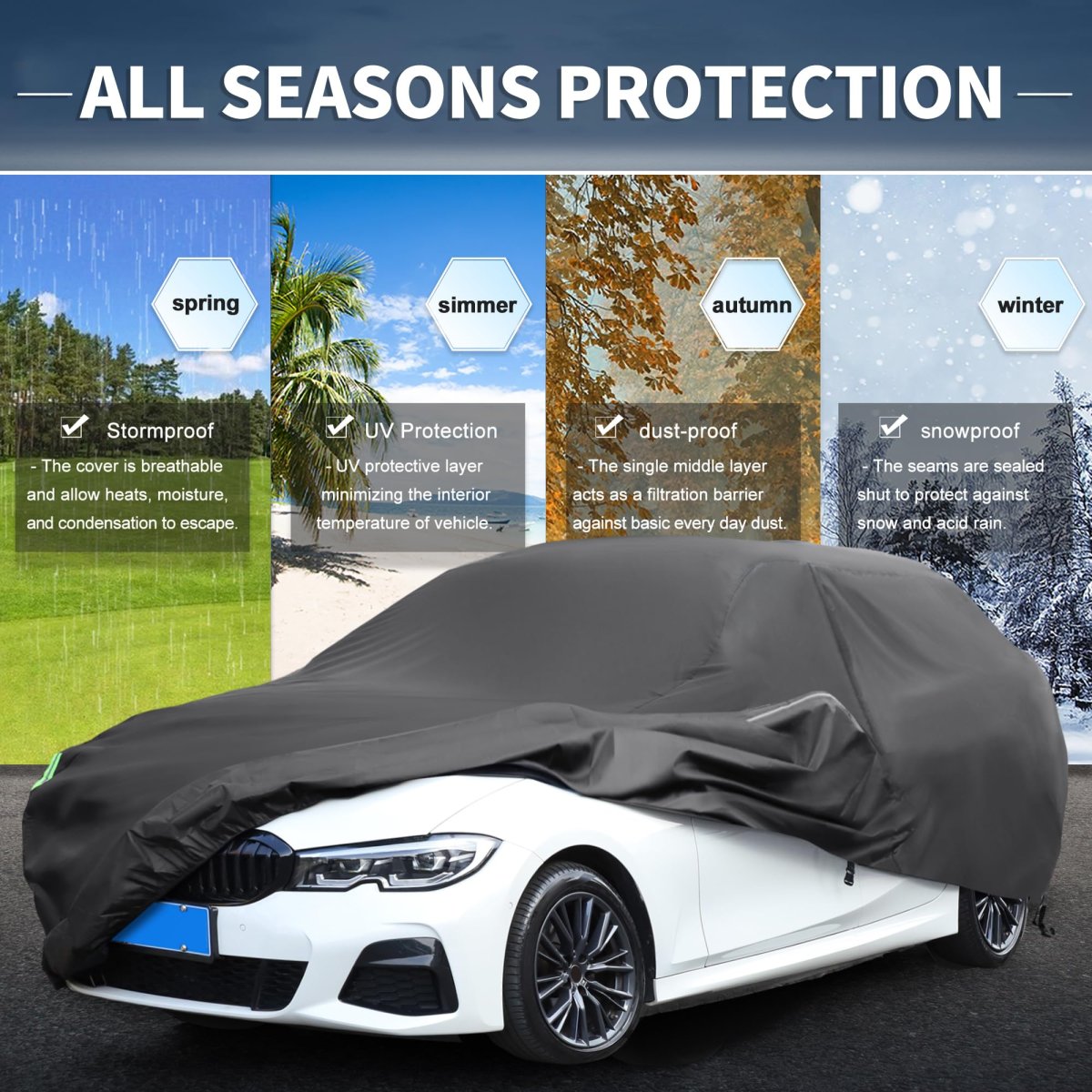 Waterproof Sedan Car Cover For Length Up To 177 Inch All Weather Protection Anti-uv Windproof With Left Side Zipper And Mirror
