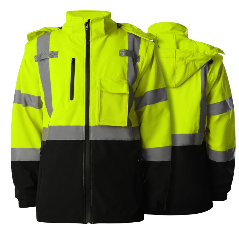 Shorfune High Visibility Softshell Waterproof Safety Jacket For Men Class 3 Reflective Work Jackets With Pockets Detachable