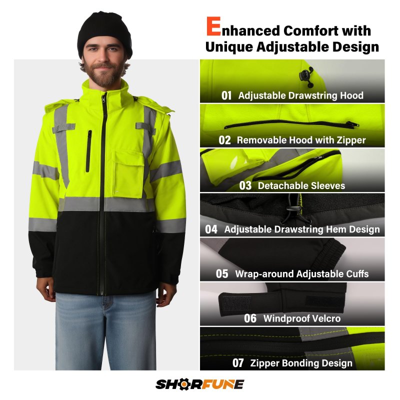 Shorfune High Visibility Softshell Waterproof Safety Jacket For Men Class 3 Reflective Work Jackets With Pockets Detachable
