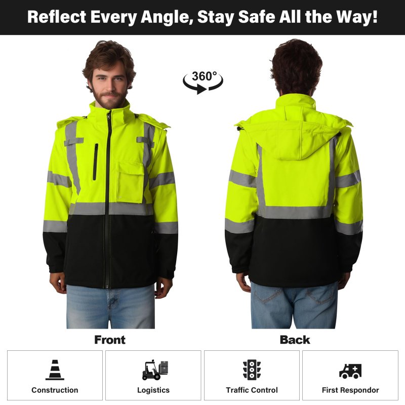 Shorfune High Visibility Softshell Waterproof Safety Jacket For Men Class 3 Reflective Work Jackets With Pockets Detachable