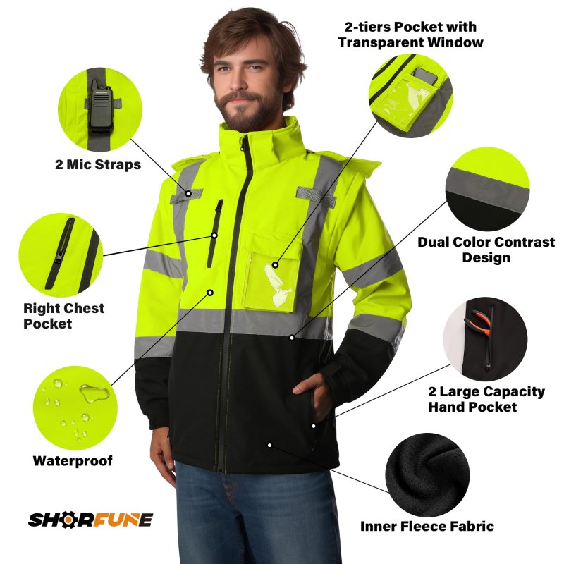 Shorfune High Visibility Softshell Waterproof Safety Jacket For Men Class 3 Reflective Work Jackets With Pockets Detachable