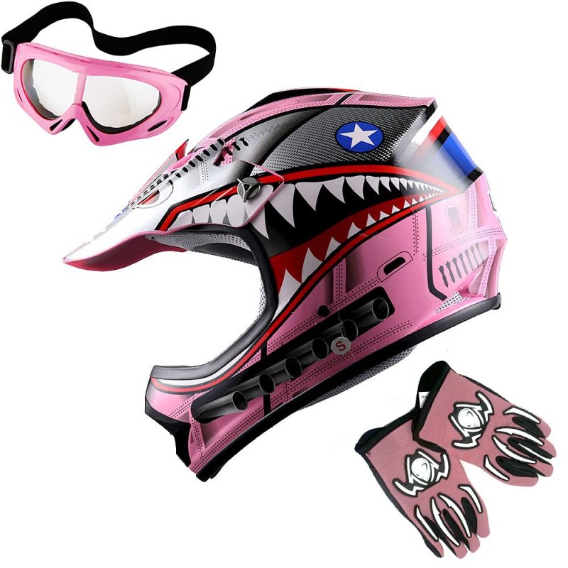 1storm Youth Motocross Helmet Kids Motorcycle Bike Shark Pink Goggles Mg Glove Bundle