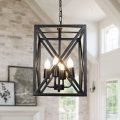 Dllt 4-light Industrial Pendant Lighting Black Square Chandelier Farmhouse Hanging Lantern Light Rustic Metal Basket Lamp For 