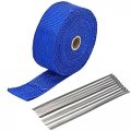 2 In X 50 Ft Exhaust Heat Wrap Roll For Motorcycle Fiberglass Shield Tape With Stainless Ties Blue 