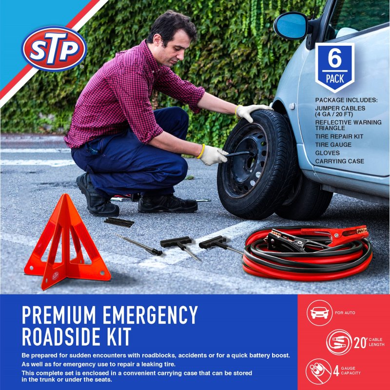 Stp Emergency Roadside Kit With Led Flares Jumper Cables Reflective Warning Triangle Tire Repair Gauge Gloves And Carrying Case