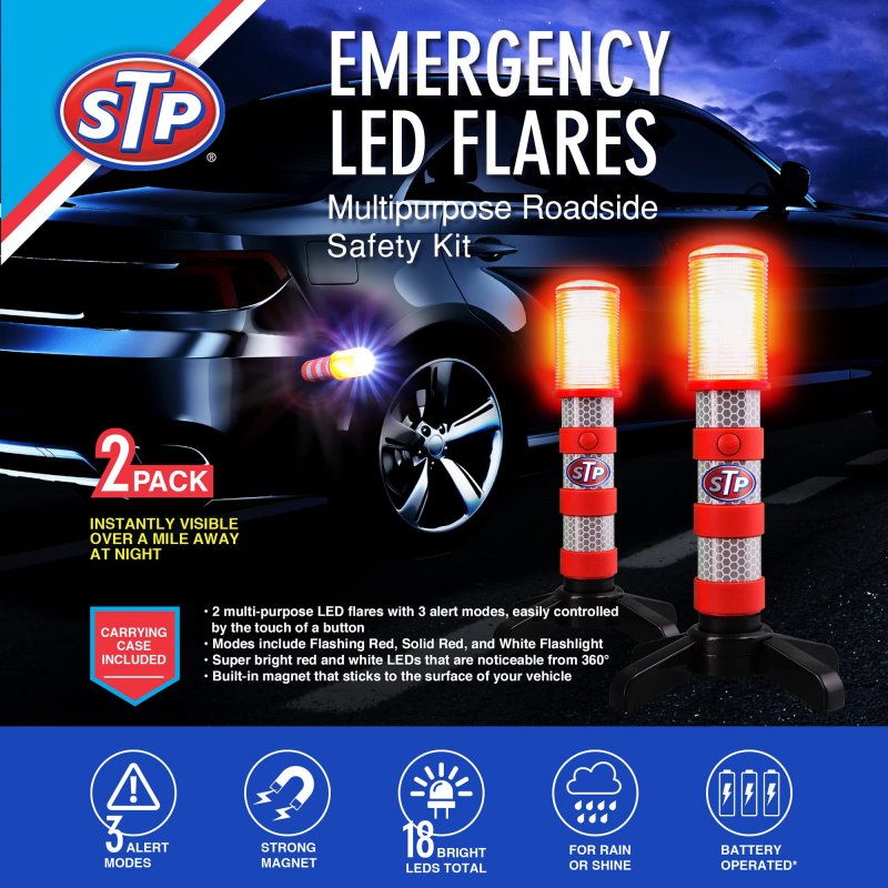Stp Emergency Roadside Kit With Led Flares Jumper Cables Reflective Warning Triangle Tire Repair Gauge Gloves And Carrying Case