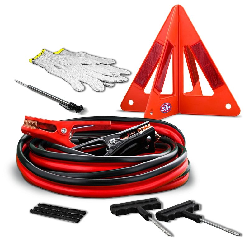 Stp Emergency Roadside Kit With Led Flares Jumper Cables Reflective Warning Triangle Tire Repair Gauge Gloves And Carrying Case