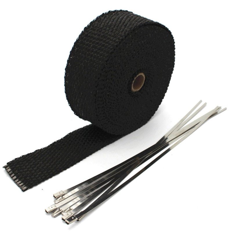 1 In X 16 Ft Fiberglass Exhaust Header Pipe Wrap Black Racing Heat Shield Tape With 6 Stainless Steel Ties For Car And