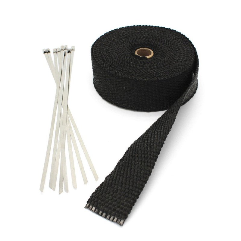 1 In X 16 Ft Fiberglass Exhaust Header Pipe Wrap Black Racing Heat Shield Tape With 6 Stainless Steel Ties For Car And